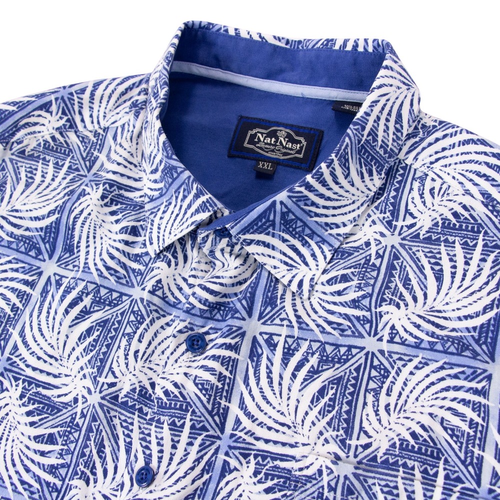 Nat Nast Mens XXL Blue Silk Cotton Palm Geometric Short Sleeve Button Down Shirt